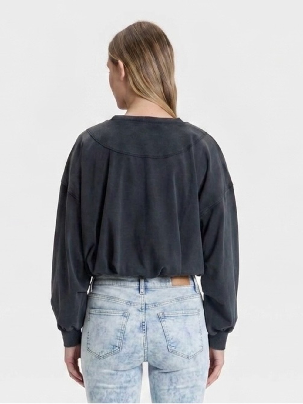 NWT JoyLab Washed Black Cropped Bubble Hem Lightweight Cotton Blend Sweatshirt - Picture 2 of 5